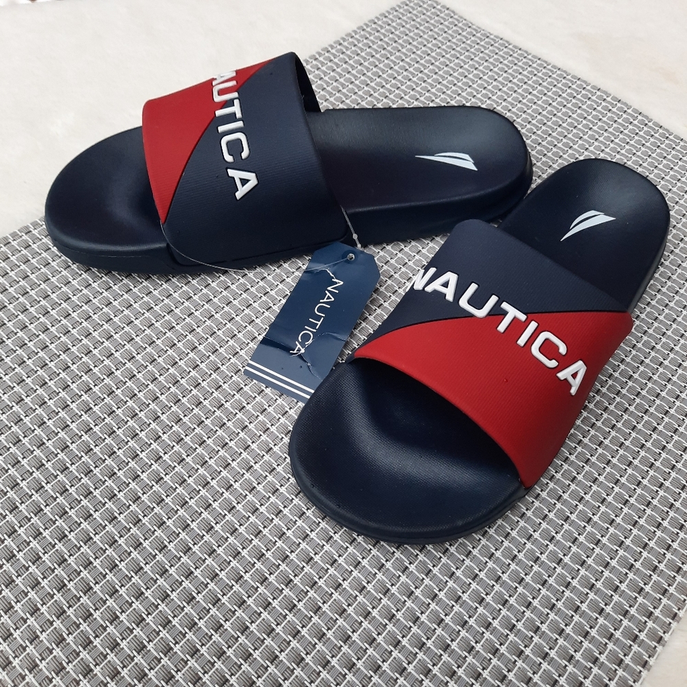 Nautica Stono 4 Spellout Logo Color Block Pool Slides Sandal Vacation 4 NEW